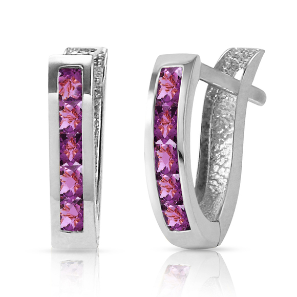 14K. SOLID GOLD OVAL HUGGIE EARRING WITH AMETHYSTS (White Gold) - Picture 3 of 3